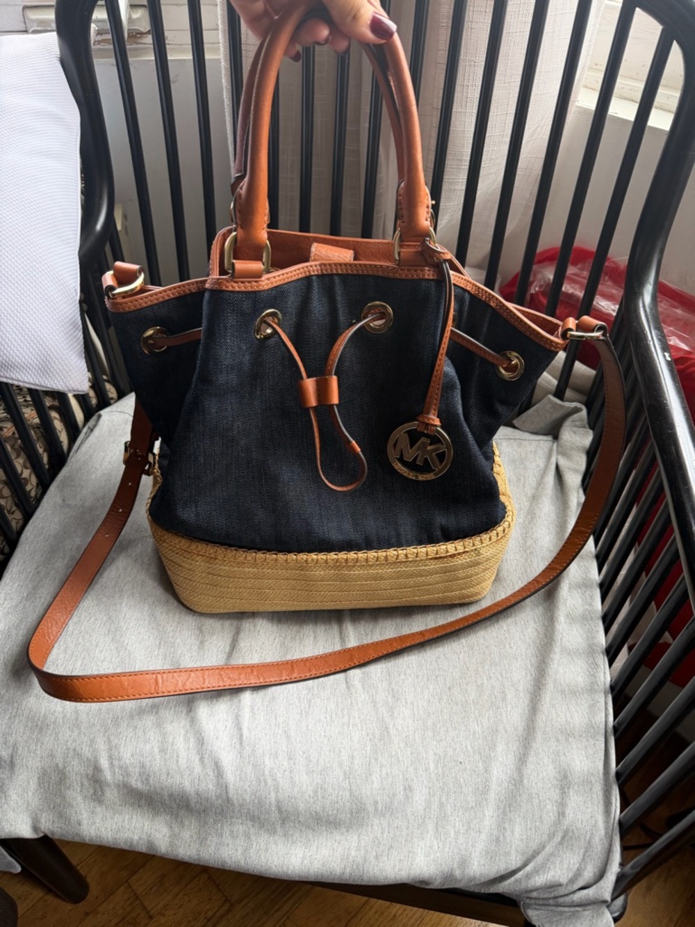 Michael Kors Navy Denim & Tan Leather Drawstring Tote with Straw Base